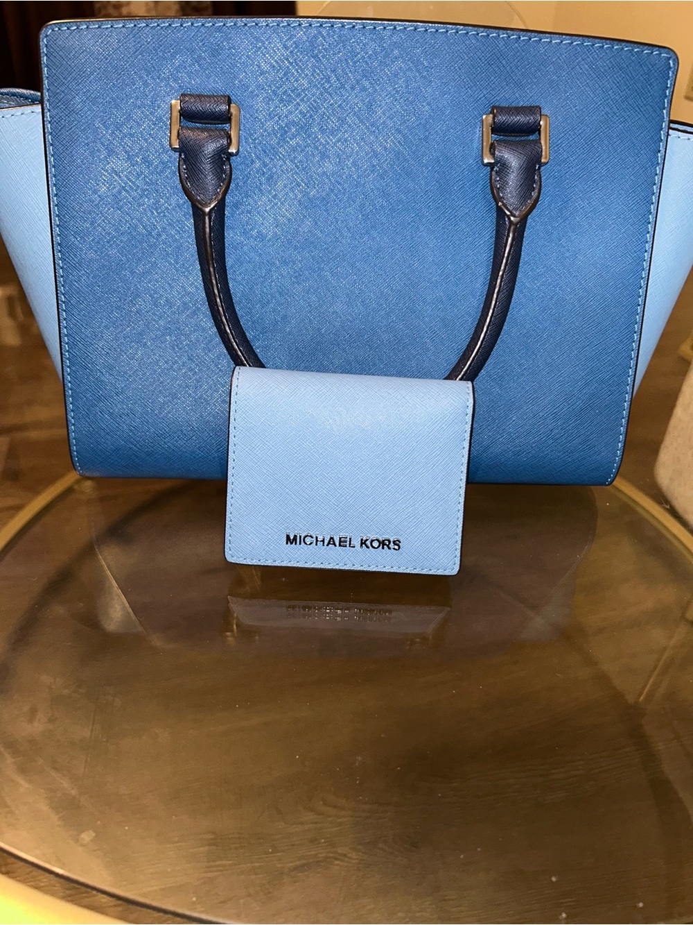 Michael Kors Two-Tone Blue Saffiano Tote with Light Blue Wallet